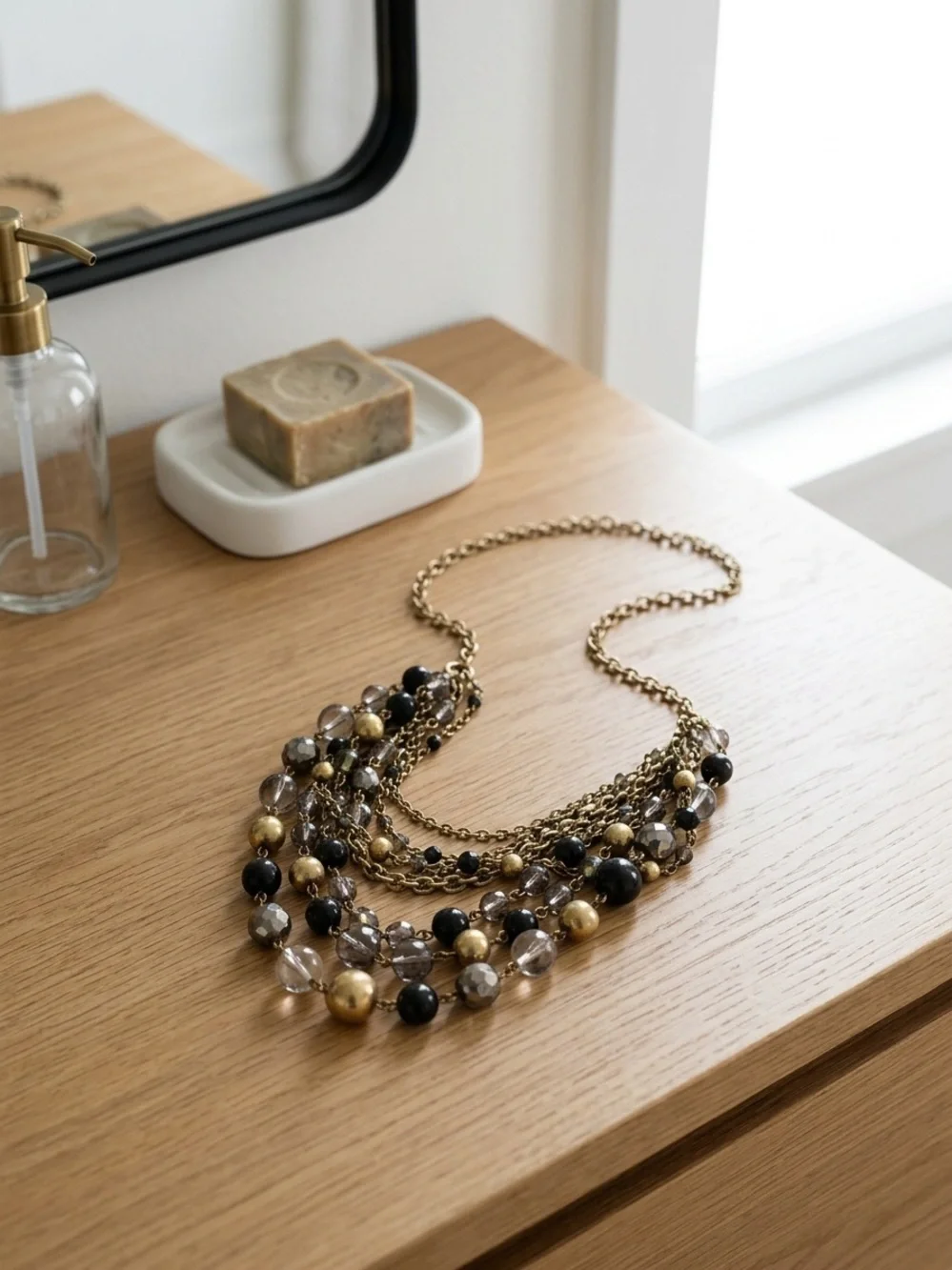 Lia Sophia Multi-Strand Black and Clear Beaded Gold-Tone Statement Necklace